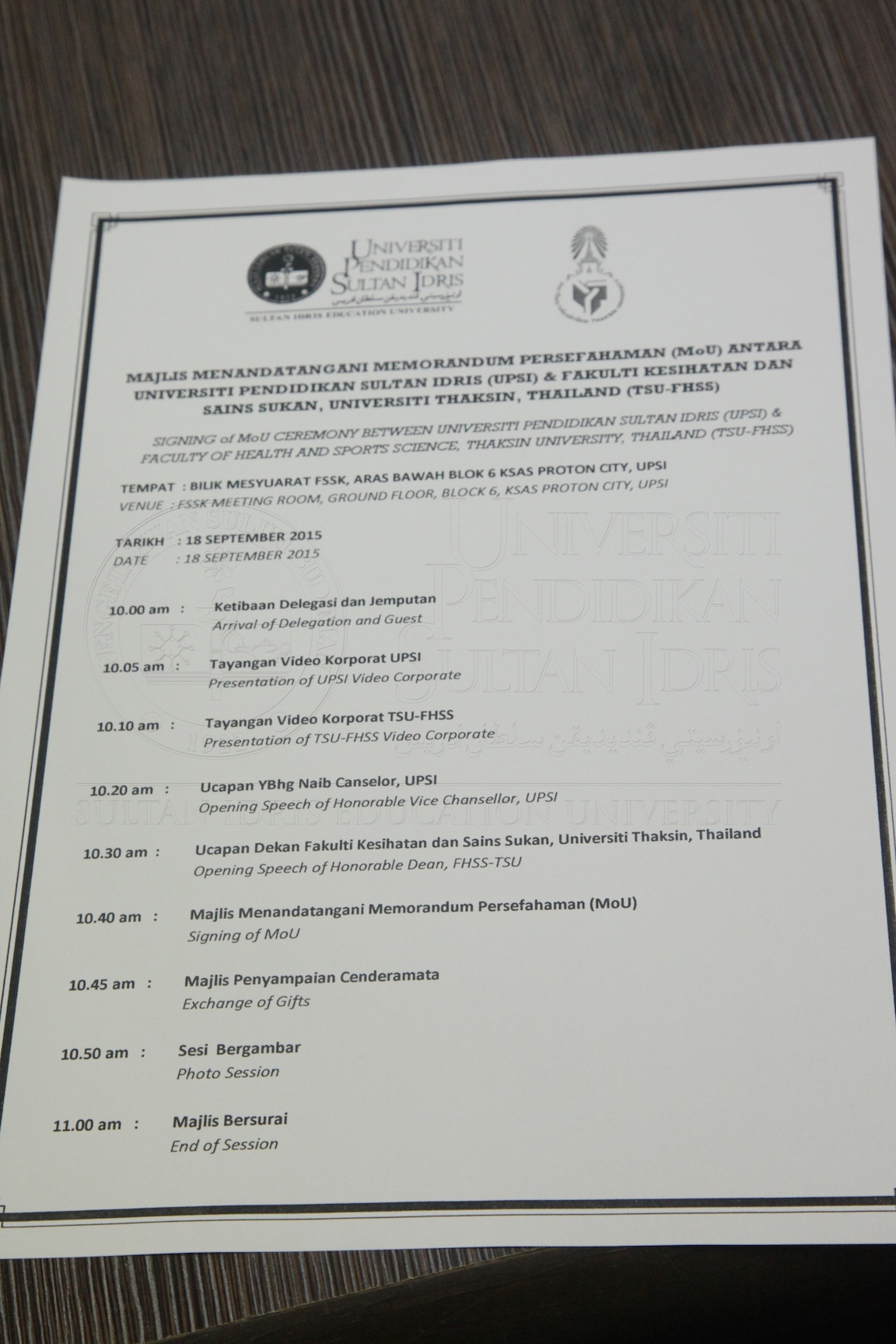 18 Sept 2015 Majlis Menandatangani Mou Antara Upsi Dan Fakulti Kesihatan Dan Sains Sukan Universiti Thaksin Thailand